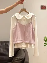 ブルーのニットキャミソールとカーディガン長袖Tシャツ【春用・女性用・セットアップ対応】