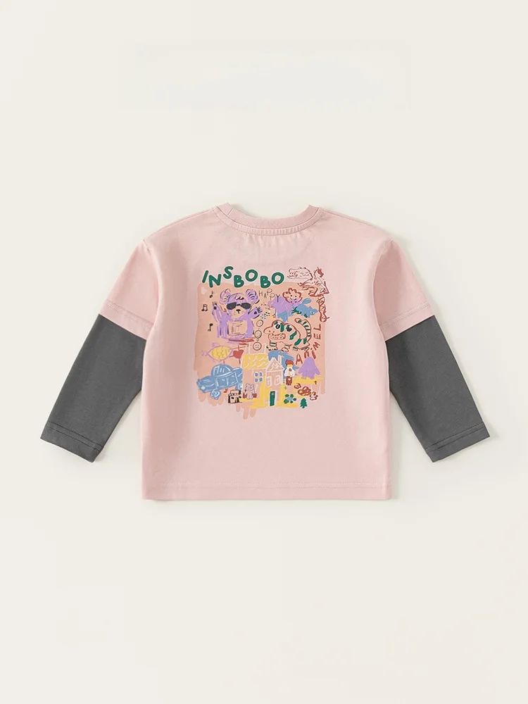 春向けカジュアルな子供用Tシャツ：キャラクター柄の長袖コットンセットアップ対応モデル
