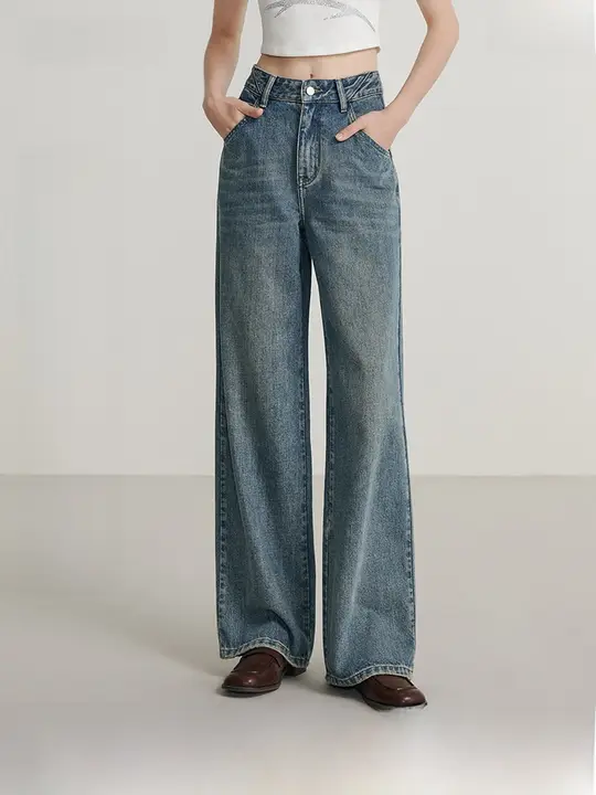 ブルーのハイウエストデニムパンツ【ストレート・アンティーク風・ルーズフィット・秋冬用】