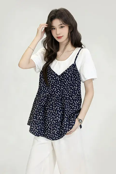 大きいサイズ 韓国風 フェイクツーピース花柄短袖トップス【夏用・極上の柔らかさ】（セットアップ対応）