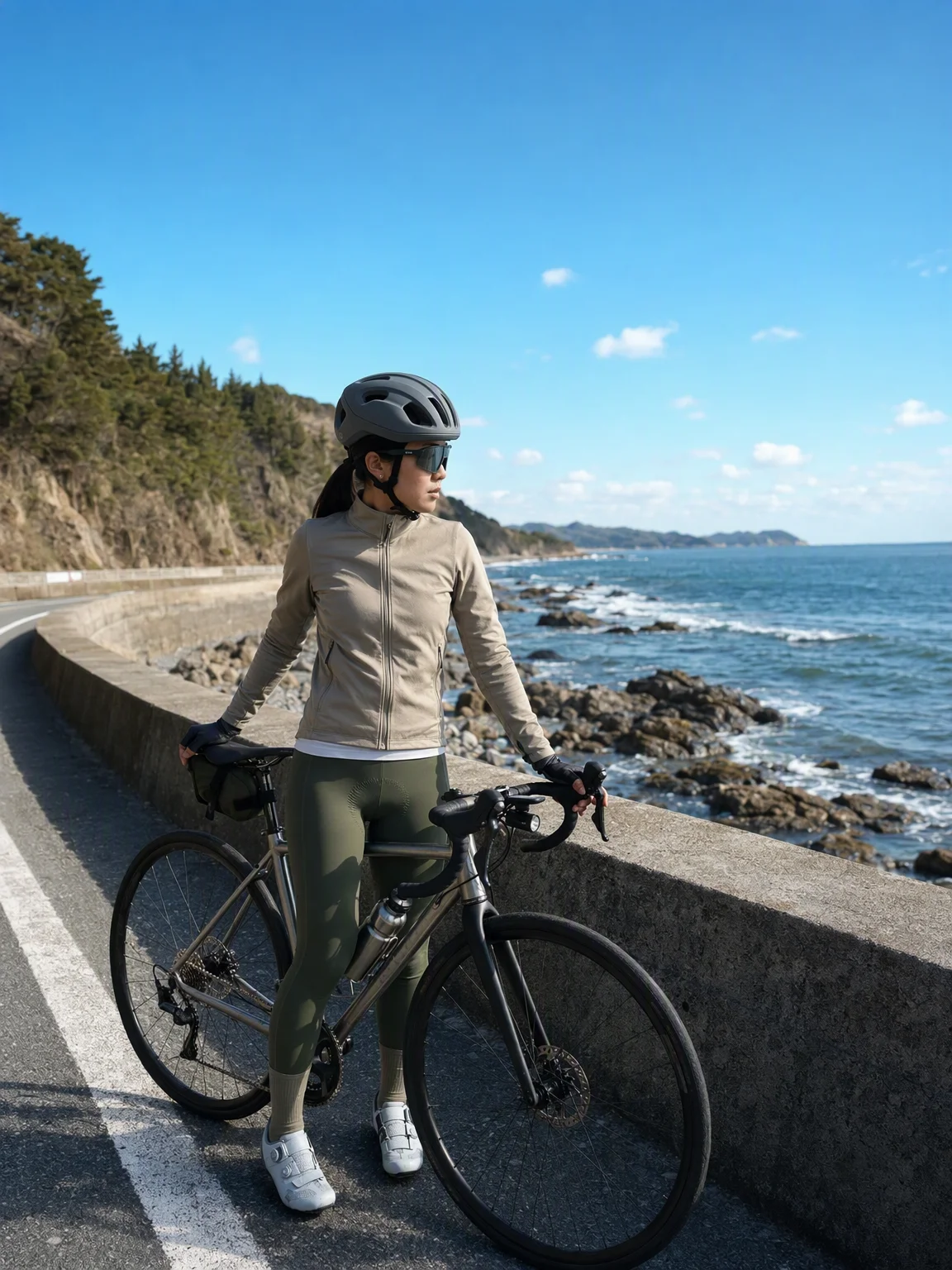 海岸線の道で少し止まると、その日の風向きや体の熱の残り方がよくわかります。日差しはしっかりあっても、海からの風で体感は意外と落ち着くので、こうした軽いアウターがあると調整しやすいです。私は荷物を増やしたくないので、脱いでもかさばりにくいウインドブレーカー系をよく選びます。このくらい開けた景色の中では、落ち着いた色合わせだと写真にも残しやすく、普段の記録にもなじみます。