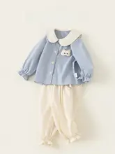2点セット キッズ ガールズ チェック柄シャツ ピーターパンカラー ロングパンツ キャラクター柄 フレンチ風 可愛い 秋物