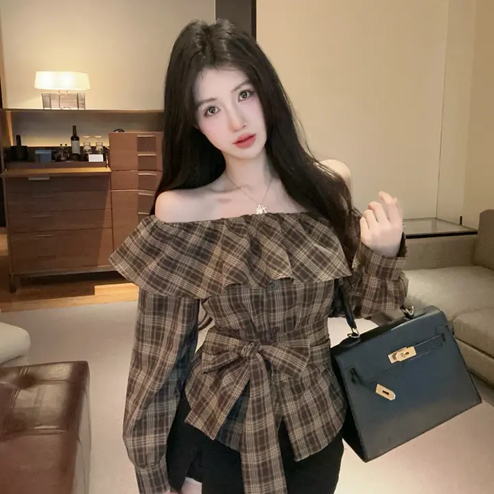フリル付きチェック柄オフショルダーシャツ【秋用・ウエストリボン・女性用】