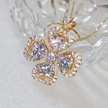 エレガントな印象！ハート型ジルコンと四葉クローバーのロックネックレス【シンプルで高級感あるデザイン】