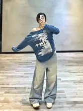 レトロプリントオフショルダーニットトップス【秋用・フィット・長袖】