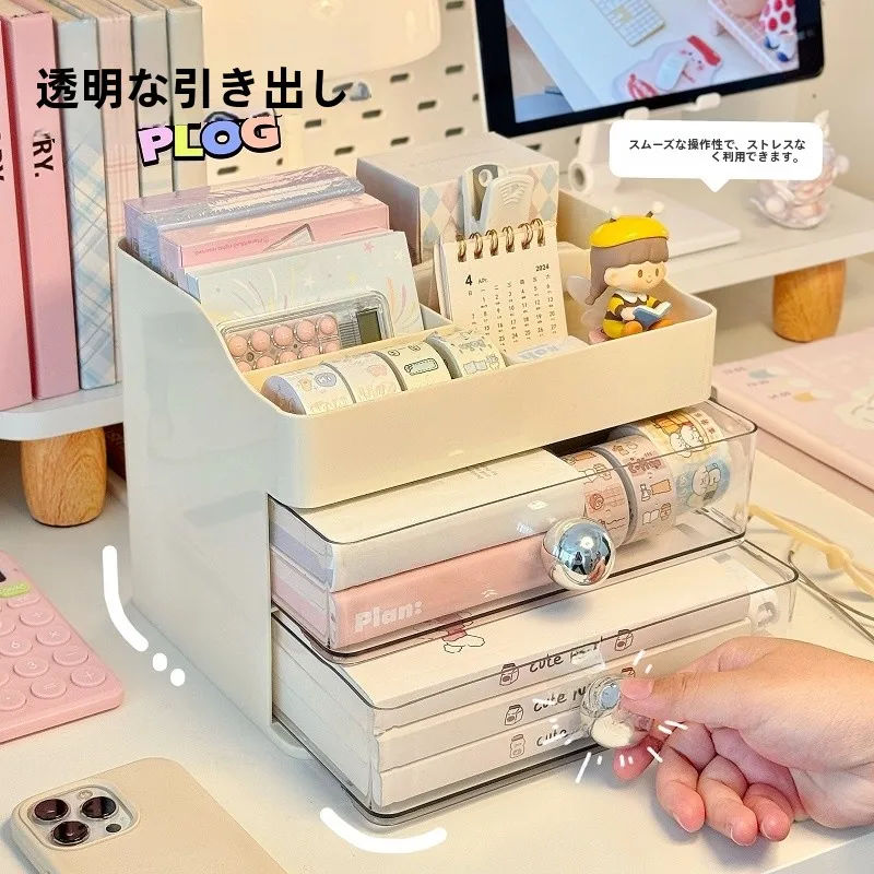デスク用文房具収納ボックス：透明引き出し付きでオフィス整理を実現