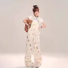 可愛らしいデザイン！デニムサロペットパンツ【夏用・ストレート・ワイドレッグ・小柄向け】（セットアップ対応）