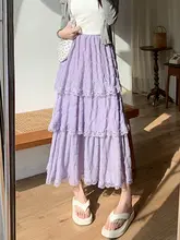 レース付きホワイトケーキデザインのマキシスカート【春秋用・ハイウエスト・Aライン・大きめフレア】