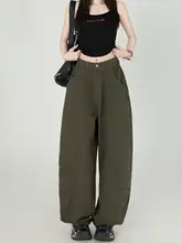 オリーブグリーンのワイドレッグデニムパンツ【高腰・ドレープ感・秋用】