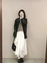 ロマンチックなフランス風不規則刺繍レースフリル付きゴムウエスト春秋用ロングスカート（セットアップ対応）