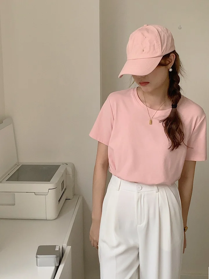 ベーシックな無地のラウンドネック半袖Tシャツ【多色展開・韓国風】（セットアップ対応）
