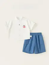 シャツ ショートパンツ 2点セット キッズ ボーイズ コットン スタンドカラー シンプル かわいい 柄 カジュアル 薄手 夏