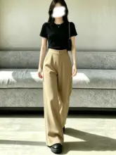 カーキ色のウエストハイワイドパンツ【夏用・フィット・小柄サイズ対応】（セットアップ対応）