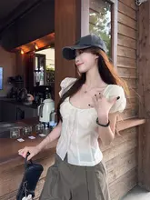 レトロデザインのウエストシェイプ半袖シャツ【女性用・ハイウエスト・カジュアルパンツ・ワイドレッグ】（セットアップ対応）