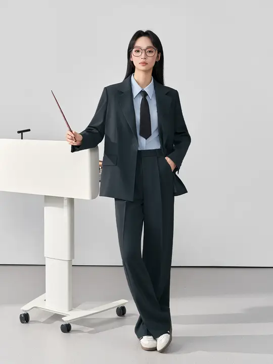 春向けグレーのビジネススーツ【女性用・職業用・上品なデザイン】（セットアップ対応）
