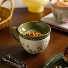 ENDLESS 大容量 陶器 コーヒーマグカップ【フラワー柄・リッド付き・プレート付き】