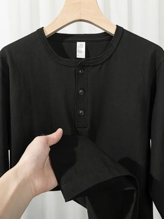 ヘンリーネックTシャツ ユニセックス 長袖 コーマコットン 無地 ブラック 厚手 ルーズ インナー UVカット カジュアル