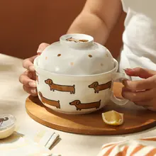 かわいいデザインの大口径ラーメンボウル【ハンドル付き・オフィスや寮用】