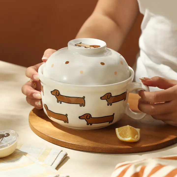 かわいいデザインの大口径ラーメンボウル【ハンドル付き・オフィスや寮用】