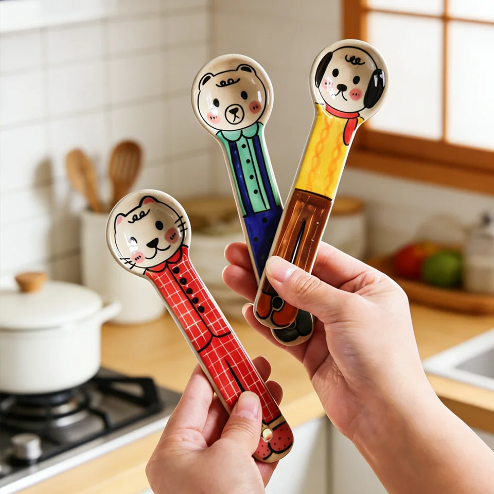 可愛らしい動物デザインの陶器製ロングスプーン【家庭用・カトラリー】
