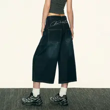 デニムパンツ レディース アメリカン風 バックウエスト レタープリント カーブドヘム ワイド 七分丈 サマー デザイン性 着回し 「Aaisup」