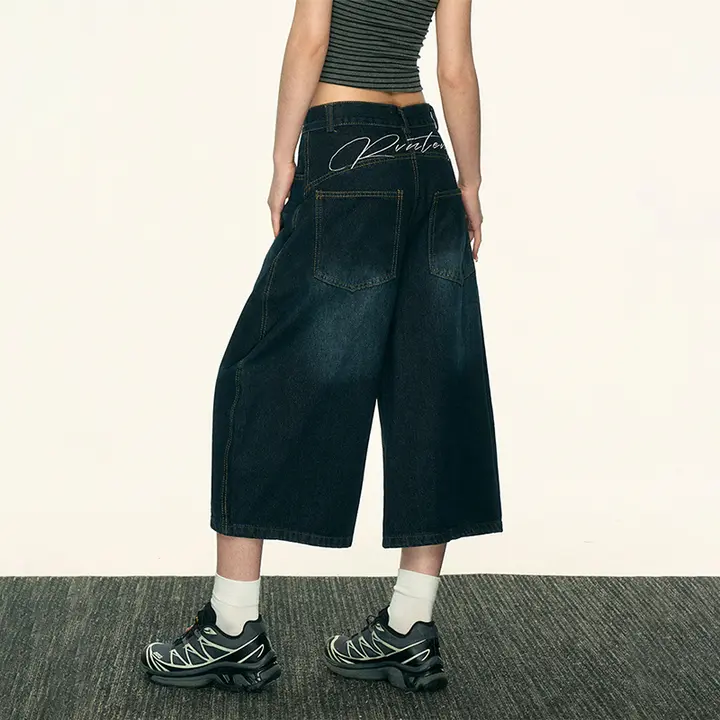 デニムパンツ レディース アメリカン風 バックウエスト レタープリント カーブドヘム ワイド 七分丈 サマー デザイン性 着回し 「Aaisup」