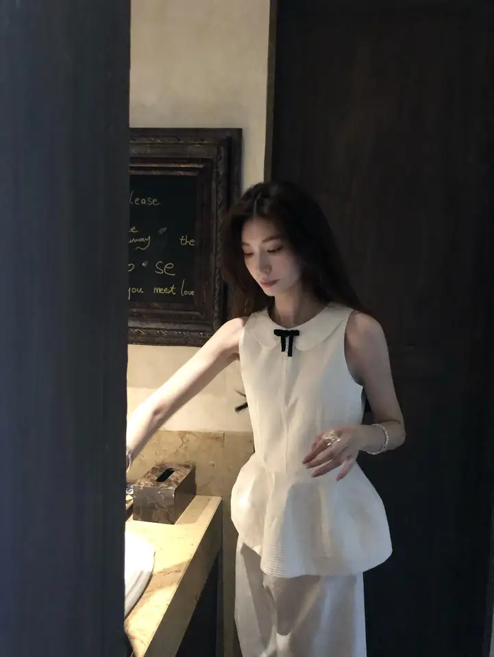 大溪地パールの純綿フレンチスタイル白色ウエストリボンブラウスとロングカジュアルパンツ（セットアップ対応）