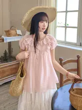 フリル襟デザインのフィットブラウス【ラセール素材・夏用・女性用】