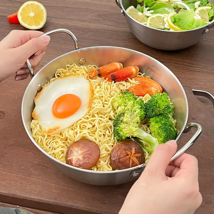 一人用ステンレス製鍋【二つの取っ手付き・韓国風ラーメン鍋・電磁調理対応】