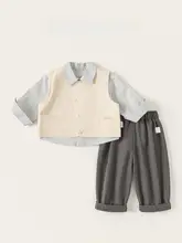 春季カジュアル男の子用ベスト付きトラ柄シャツとパンツのコーディネート（セットアップ対応）