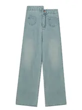 ブルーのヴィンテージハイウエストストレートデニムパンツ【したロングパンツ・レディース】