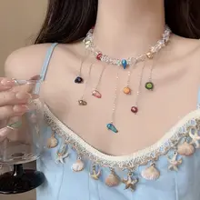 春夏用カラフルな水晶フリンジビーズネックレス【ラグジュアリー感・デコルテチェーン・可愛いデザイン】
