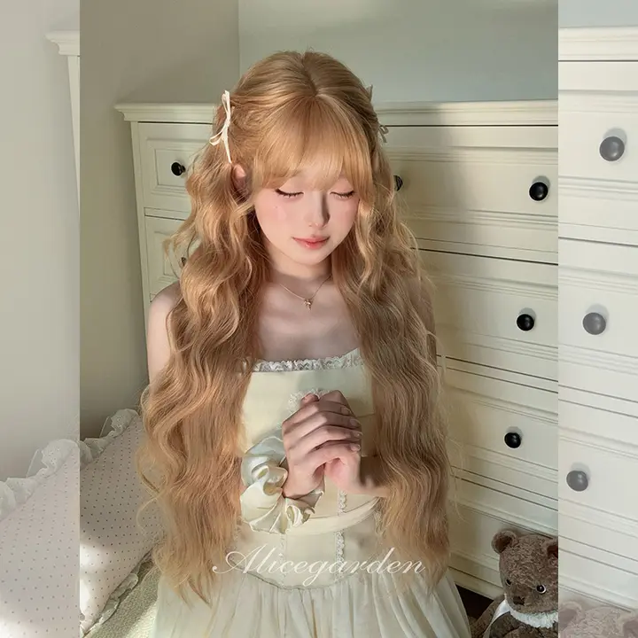 ロングウィッグ【金色・ロリータスタイル・全頭用・韓国系デザイン】