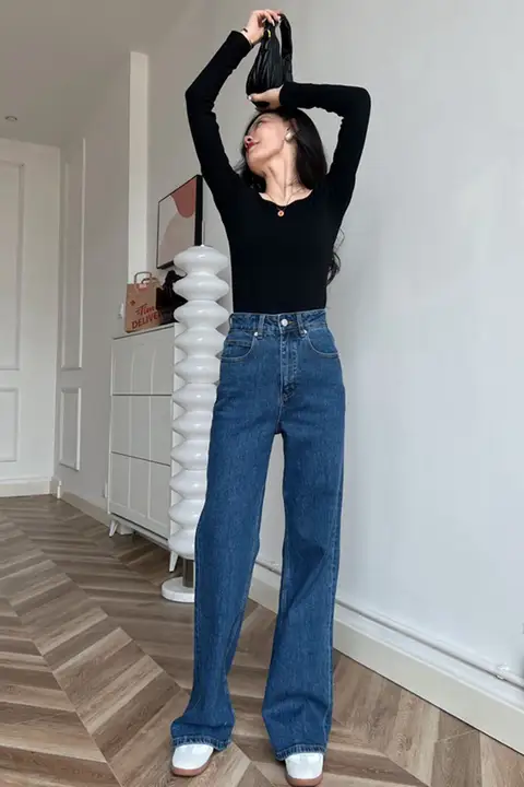 ジーンズ ハイウエスト スリム ストレート ストレッチ 快適 ダークブルー レトロ