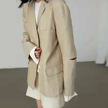 GAOGUO オリジナルデザイン レディースカジュアルテーラードジャケット【薄いカーキ・3ボタン・ルーズフィット】