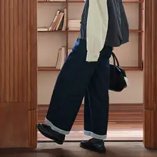 ヴィンテージ風 デニムワイドパンツ【春用・洗い加工・ヒップアップ・カラーブロック】