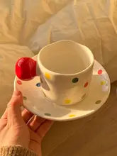 ヴィンテージ風カラフルドット柄陶器カフェカップ＆ソーサー【ラテアート・家庭用・アフタヌーンティー用  】