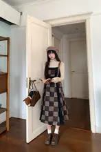 ヴィンテージ風 高腰チェック柄サロペットドレス【ブラウン・Aライン・冬用】