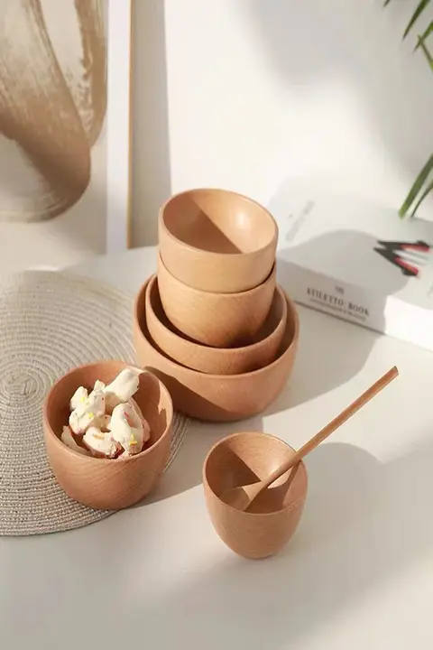 ジュニア用と大人用のブナ製木製ボウル【果物、サラダ、スープ、麺類に最適】