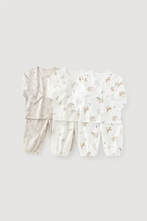かわいいクマ柄の男女兼用ベビー用コットン長袖インナー【夏用・涼感・ルームウェア】（セットアップ対応）