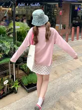 韓国風ピンク長袖Tシャツ【夏用・ゆったりデザイン・薄手・チュニック型】（セットアップ対応）