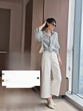 白色の八面弾性デニムパンツ【女性用・ハイウエスト・スリムストレート・夏用】