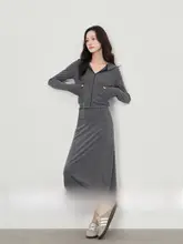 小柄向け 深灰色のカジュアルな婦人用セットアップ【春秋用・ルーズフィット】（セットアップ対応）