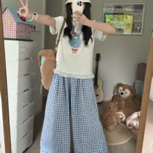 極上の柔らかさの花柄チェック柄タックパンツ【ブルー・フィット・春夏用・綿100%】（セットアップ対応）