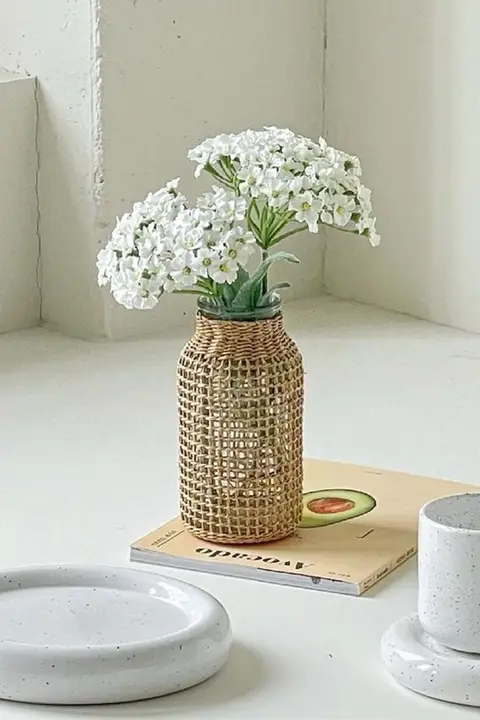ガラス草編み花瓶【和風・ドライフラワー用・インテリア装飾】