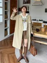 カーキ色のロングトレンチコート【ゆったりデザイン・春秋冬用・小柄女性向け】