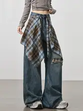 レディース デニム風レイヤードシャツ【チェック柄・ワイドレッグパンツ・フレアデザイ ン】（セットアップ対応）