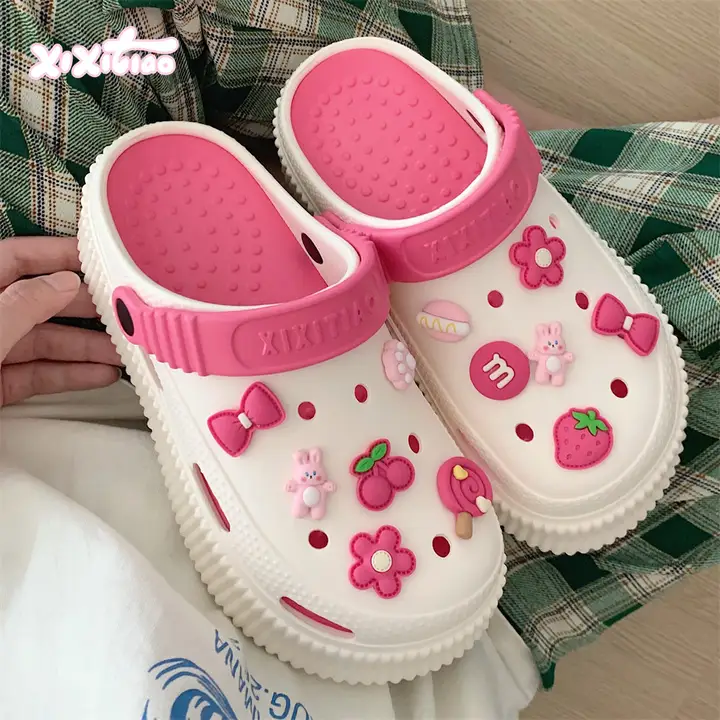 細いストライプのキャンディ小兎デザインのレディースDIYオープントゥサンダル【夏用・厚底・アウトドア】