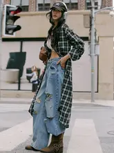 ブルーのウォッシュドヒッピー風ダメージデニムパンツ【ゆったりフィット・ストレートレッグ】（セットアップ対応）