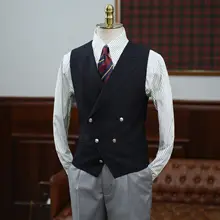 IsirHonour メンズダブルブレストブレザー風ベスト【ネイビー・金属ボタン・肩パッド付き】